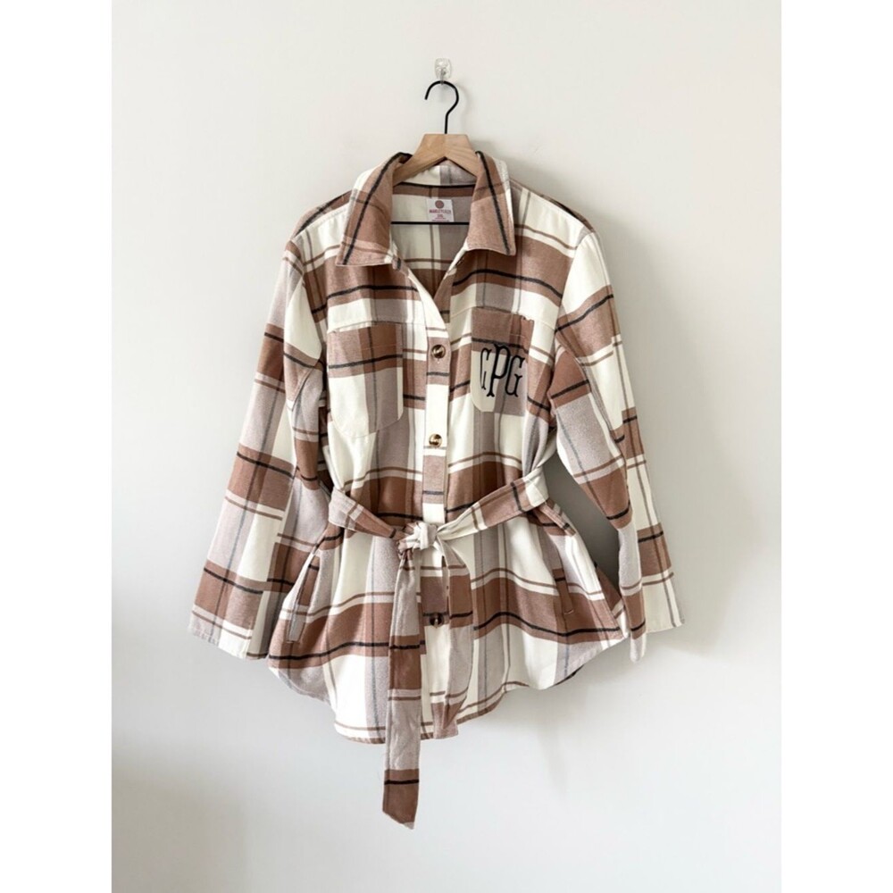 Marley Lilly Monogram "CPG" Plaid Belted Shirt Flannel Jacket in Brown Cream 2XL